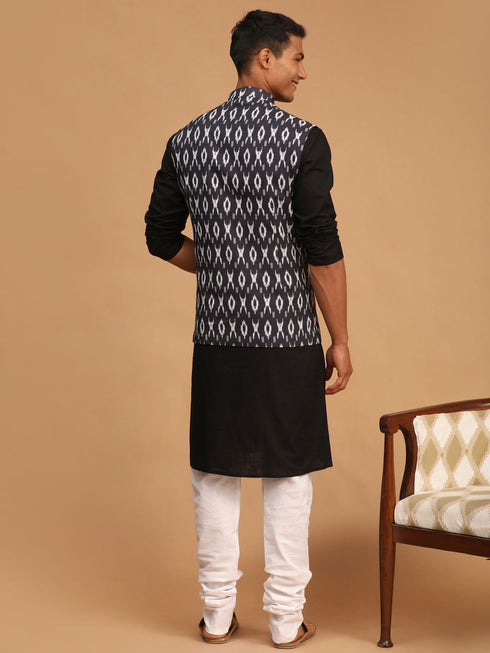 Vastramay Men's Black Ikaat Printede Cotton Nehru Jacket With Black Kurta And White Pyjama Set